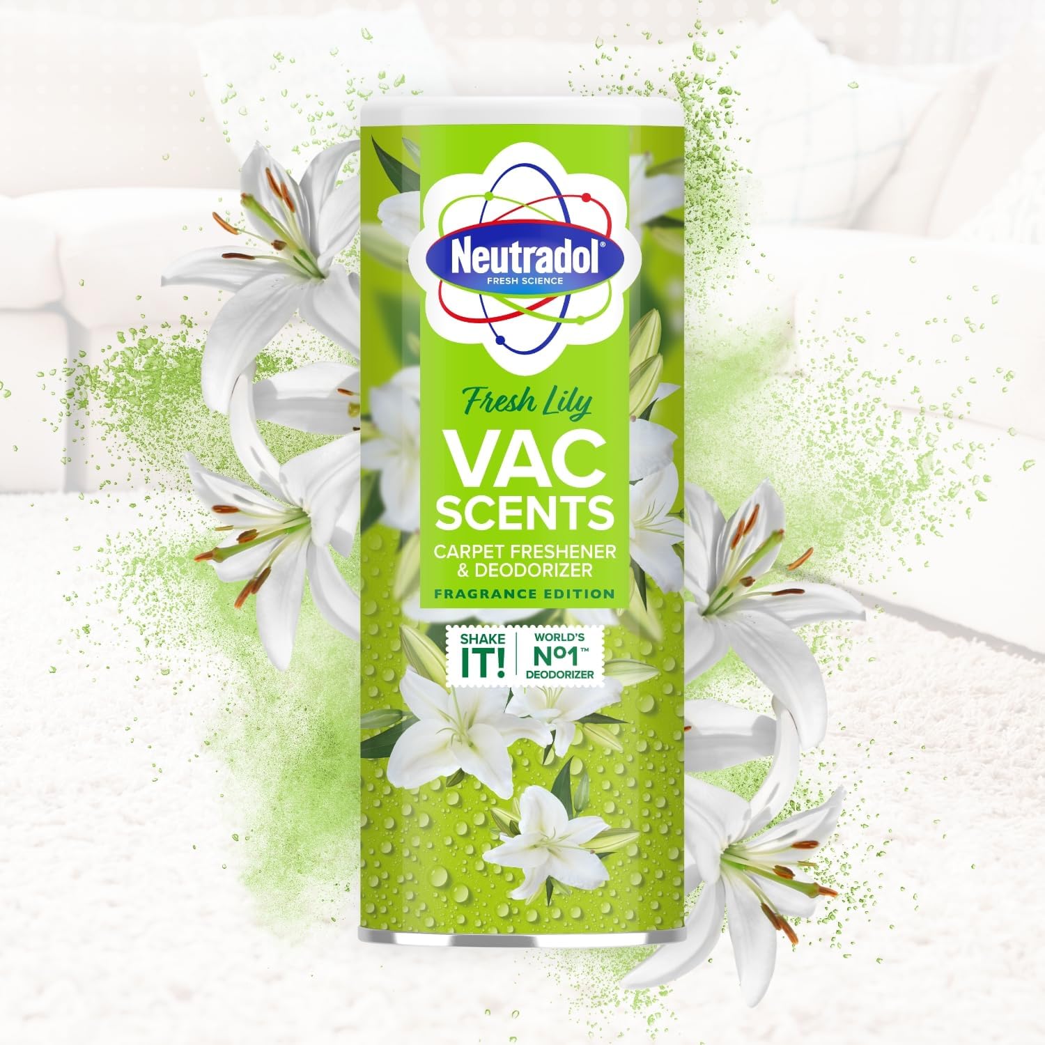 Neutradol Carpet Deodoriser, Vac Scents, Odour Neutraliser Powder For Carpets & Rugs, Fresh Lily, Multipack Of 6 X 350G