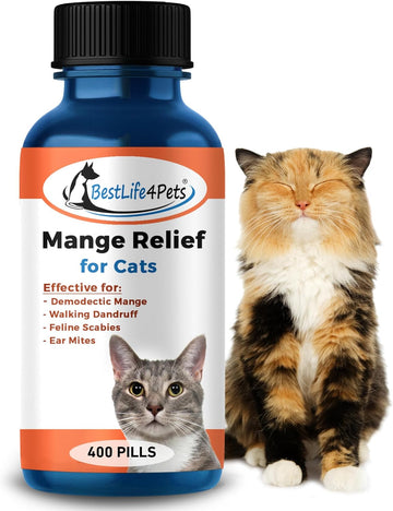 Bestlife4Pets Demodectic Mange And Scabies Relief For Cats - Ear Mites & Itch Relief Supplements For Cat Itching Relief - Restores Healthy Feline Coat And Skin - Easy To Use Natural Pills