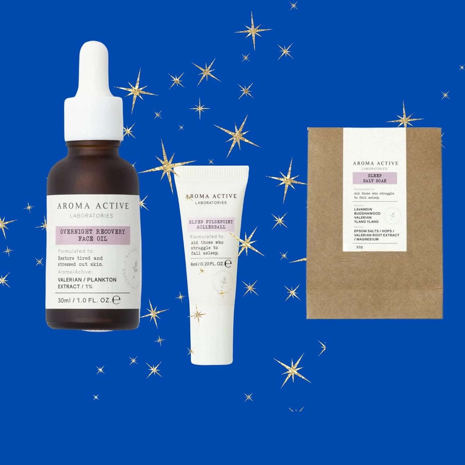 Sleep Aromatherapy Bundle With Overnight Recovery Face Oil, Sleep Pulsepoint Rollerball And Bath Salts With Deluxio Gifts Gift Bag