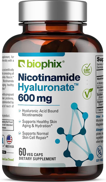 Nicotinamide Hyaluronate 600 Mg 60 Vcaps - Natural Flush-Free | Gluten-Free Nicotinic Amide Niacin | Hyaluronic Acid | Supports Skin Health | Healthy Cell Repair Support