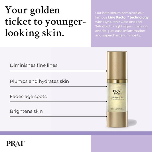 Prai 24K Gold Caviar Wrinkle Repair Serum 30Ml - Intensive Real 24K Gold - Advanced Anti-Aging, Anti-Wrinkle Skincare - Hydrates, Firms & Brightens Skin - With Hyaluronic Acid - Younger Skin