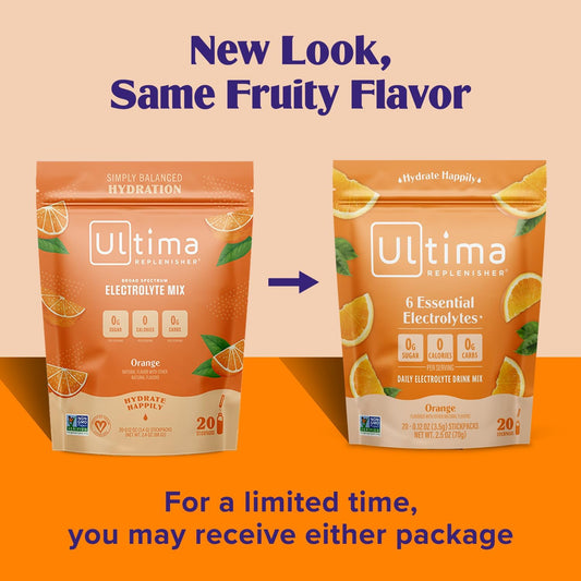 Ultima Replenisher Daily Electrolyte Drink Mix β Orange, 20 Stickpacks β Hydration Packets With 6 Key Electrolytes & Trace Minerals β Keto Friendly, Vegan, Non-Gmo & Sugar-Free Electrolyte Powder