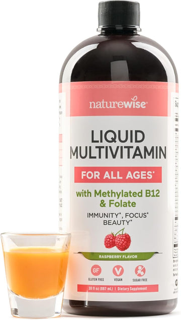 Naturewise Liquid Multivitamin For Women, Men Of All Ages - Sugar Free, Vegan - Vitamins For Energy Levels, Beauty, Immune Health With Methylated B12 & Folate - Non-Gmo - 30 Fl Oz(887 Ml)