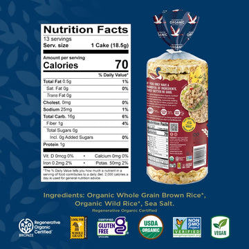 Lundberg Rice Cakes, Organic Wild Rice, Lightly Salted, 6-Pack – Regenerative Organic Certified Rice Cakes, Healthy Snacks, Gluten-Free & Vegan, 8.5 Oz Ea