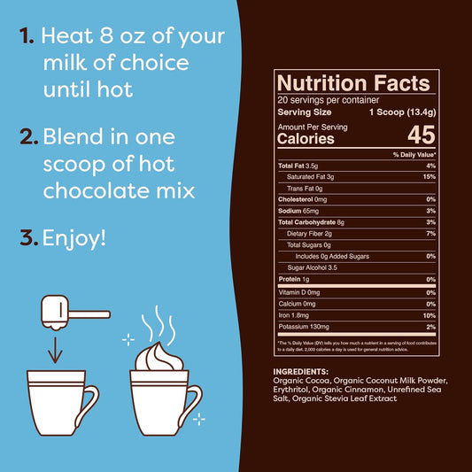 Flavcity Prebiotic Keto Hot Chocolate Mix - Vegan, Sugar & Dairy-Free Hot Chocolate - High Fiber, Low-Carb - 45 Calories Per Serving - With Organic Cocoa & Coconut Milk Powder (20 Servings)