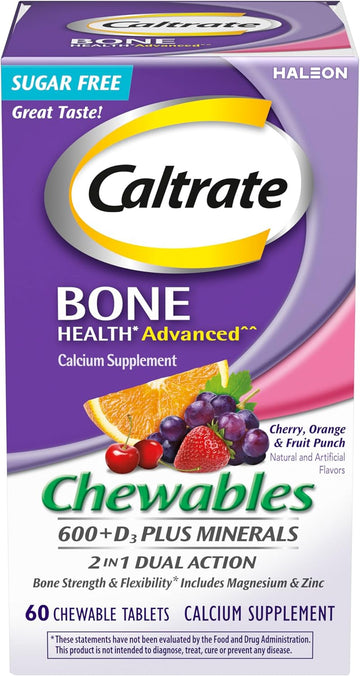 Caltrate Chewables 600 +D3 Plus Minerals Calcium And Vitamin D, Sugar Free, Cherry, Orange And Fruit Punch, 60 Count