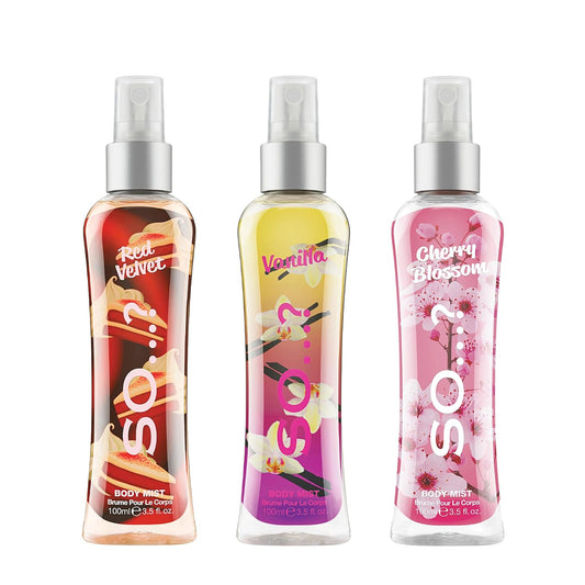 So… Body Mist Set - Perfumes For Women - Vanilla Perfume, Red Velvet, Cherry Blossom - Scents Lasting 6 Hours - Fragrance Gifts For Women - 3 Pcs