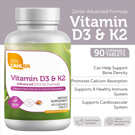 Zahler - Vitamin D3 & K2 Chewable Supplement (90 Count) - Certified Kosher K2 D3 Vitamin 5000 Iu Delicious Chew Tablet - Vitamin D & K2 For Calcium Absorption, Bone Density & Immune Support