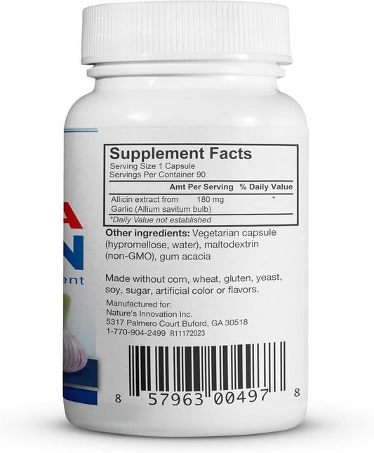 100% Pure Allicin Stabilized From European Garlic | 180,000Mcg (180Mg) 90 Vegetarian (Vcaps), Immune Support, Odor-Controlled, Gluten-Free | Derived From Allium Sativum (90 Count)