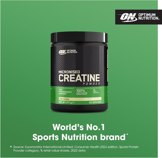 Optimum Nutrition Micronised Creatine Powder, 100% Pure Creatine Monohydrate Powder For Performance And Muscle Power, Unflavoured Shake, 93 Servings, 317 G