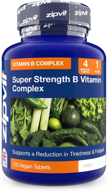 Zipvit Super Strength B Vitamin Complex, 120 Vegan Tablets. 4 Months Supply. Vitamin B1, B2, B3, B5, B6, B12, Biotin, Choline. Supports Focus, Mental Performance, And Energy