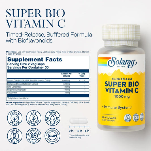 Solaray Super Bio Buffered Vitamin C 1000Mg, Two-Stage, Timed Release Vitamin C With Bioflavonoids, Immune Support Supplement - High Absorption, Vegan, 60 Day Guarantee, 30 Servings, 60 Vegcaps