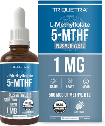 Organic Methyl Folate 1000 Mcg + Methyl B12 Cofactor (300 Servings)  Metabolically Active 5-Mthf Form, Organic Berry Flavor, Liquid Sublingual Form  Mood, Cognition, Methylation, Pregnancy (1Oz)