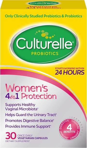 Culturelle 4-In-1 Probiotics For Women, Daily Probiotic & Prebiotic Supplement To Support Vaginal Health, Digestive Health, Immune Health, Occasional Diarrhea, Gas & Bloating Relief, Non-Gmo, 30 Count