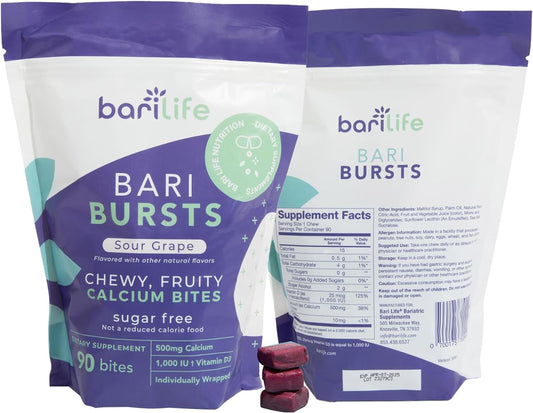Calcium Citrate Bariatric Calcium Chews With 1000 Iu Vitamin D3 - Ideal For Bariatric Patients - Bariburst By Bari Life (Sour Grape)
