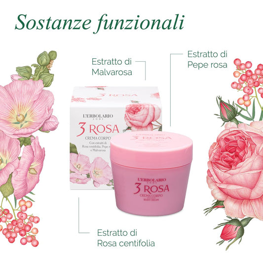 L'Erbolario Body Cream - Moisturizing Body Butter For Dry Skin - Prevents Skin Aging - Firming Skin Care With Floral And Spicy Scent - 3 Rosa - 6.7 Oz