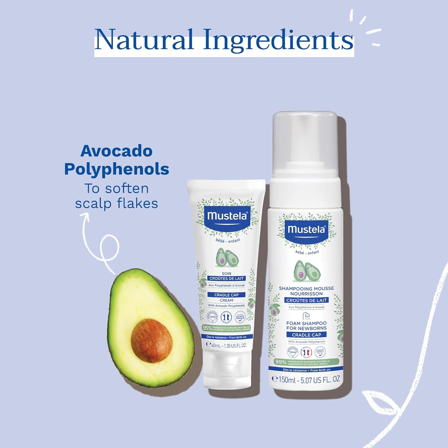 Mustela Baby Cradle Cap Bundle - Natural Baby Shampoo & Cradle Cap Cream - With Natural Avocado - 2 Piece Set : Baby