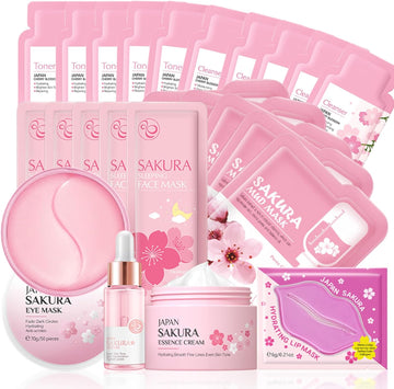 Skincare Set Skin Care For Teenage Girls Gift Set, Cherry Blossom Skincare Sets Teen Skincare Set, Pamper Sets For Women Gifts, Cleanser,Toner,Serum,Cream,Sleep Mask,Eye Mask,Mud Mask,Lip Mask(24Pcs)
