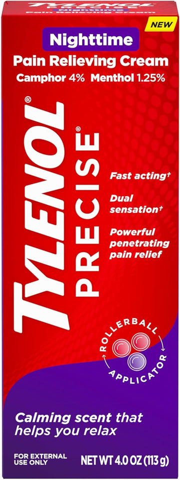 Tylenol Precise Pain Relieving Cream, Maximum Strength 4% Lidocaine Topical Analgesic For Back, Knee & Joint Pain, Penetrating Relief, Non-Sticky, Fragrance Free, No Dyes, 4Oz