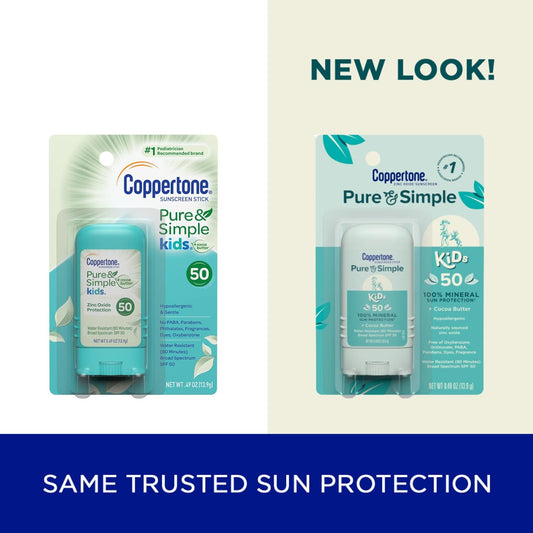 Coppertone Pure and Simple Sunscreen Stick SPF 50, Zinc Oxide Mineral Sunscreen Stick for Kids, Tear Free, Water Resistant, Broad Spectrum, 0.49 Oz Stick