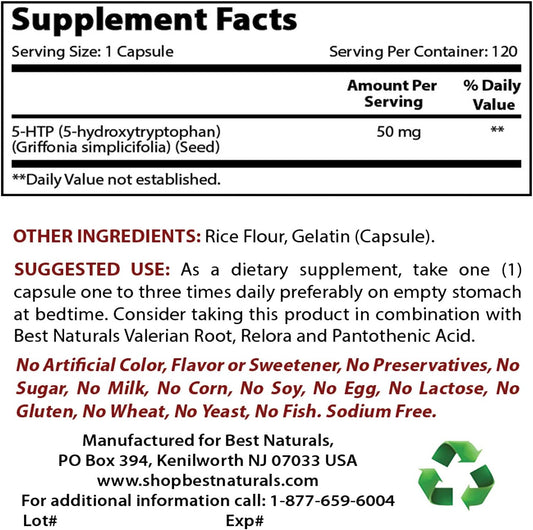 Best Naturals 5-Htp 50 Mg 120 Capsules, 5 Htp Capsules Supports Relaxation & Restful Sleep