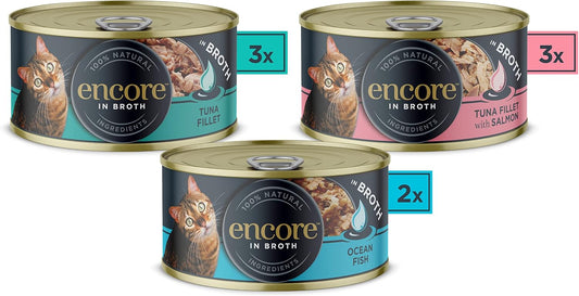 Encore 100% Natural Wet Cat Food, Multipack Fish Selection In Broth 70G Tin For Adult Cats, (8 X 70G Tins)Enc1108-1En