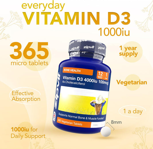 Zipvit Vitamin D 1000Iu, 1 Year Supply, 365 Vegetarian D3 Tablets, High Absorption, Easy-To-Swallow Vitamin D Tablets For Immune, Bone & Muscle Health