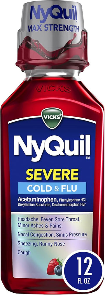 Vicks Nyquil Severe Cold & Flu Relief Liquid β Maximum Strength Berry Flavor, 9-Symptom Nighttime Medicine, 12 Fl Oz
