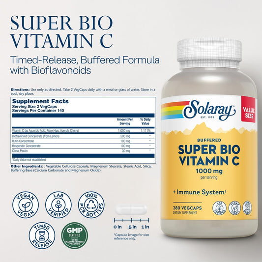Solaray Super Bio Buffered Vitamin C 1000Mg, Two-Stage, Timed Release Vitamin C With Bioflavonoids, Immune Support Supplement - High Absorption, Vegan, 60 Day Guarantee, 180 Servings, 360 Vegcaps 140