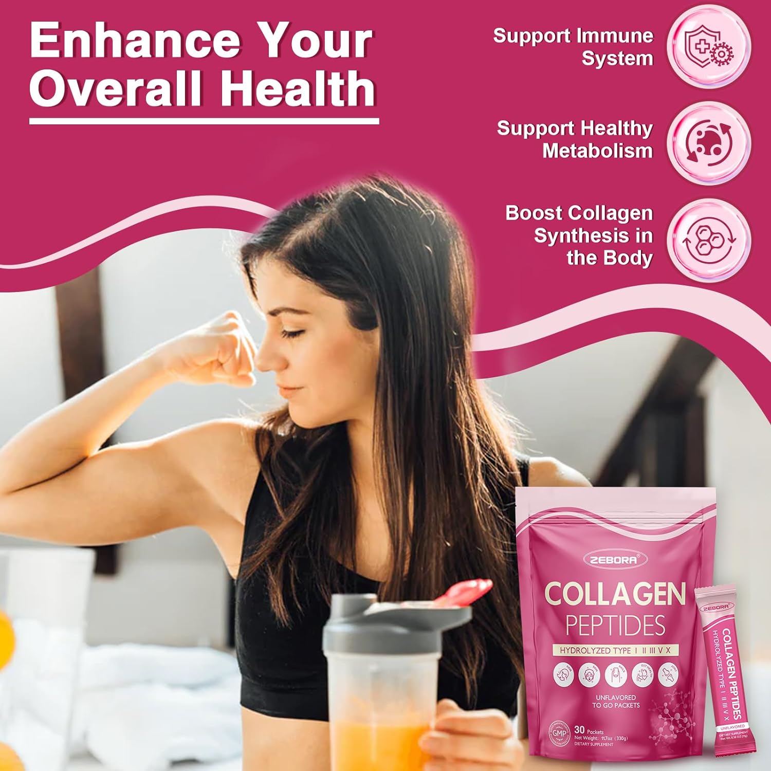 ZEBORA Collagen Peptides Powder Packets with Hyaluronic Acid, Biotin, MCT - Multi Hydrolyzed Collagen with 5 Billion Probiotics - Support Skin Hair Nail Joints & Gut Health - 30 Stick Packs : Health & Household
