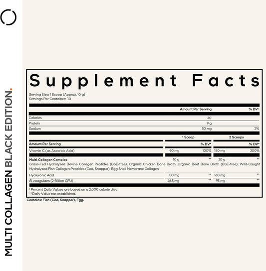 Codeage Multi Collagen Peptides Powder + Probiotics Black Edition, Vitamin C, Hyaluronic Acid Powder Supplement, Grass-Fed, Hydrolyzed, Zero Carbs, Type I, Ii, Iii, V & X, Unflavored, 10.58Oz