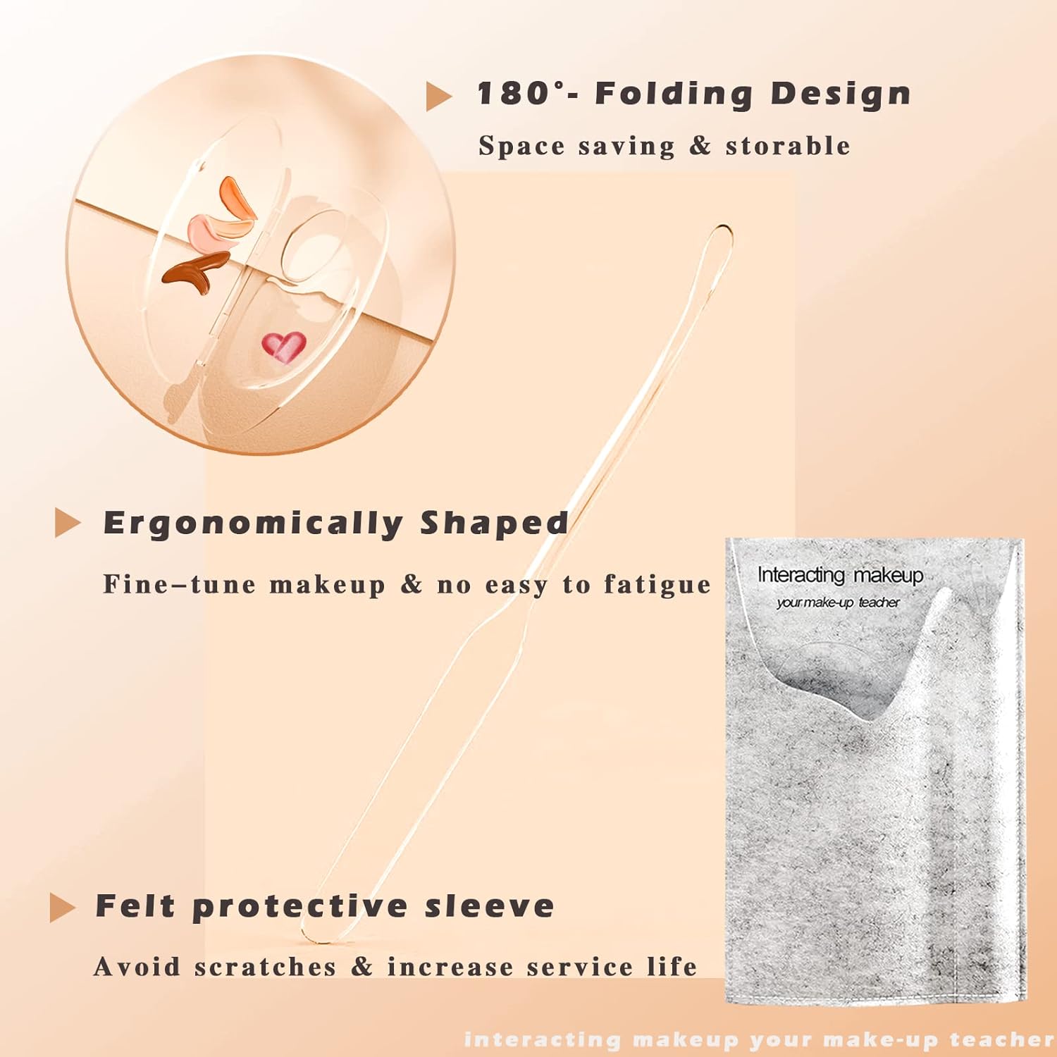 180 Degree Folding Acrylic Makeup Mixing Palette, Plastic Foundation Makeup Facial Palette With Felt Bag, Transparent Spatula Tool For Eyeshadow Liquid Foundation