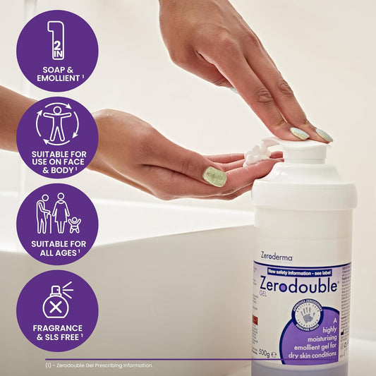 Zeroderma Zerodouble Gel, 2-In-1 Moisturiser & Soap Substitute, Highly Moisturising Gel For Dry Skin Conditions Such As Eczema, Psoriasis & Other Dry Skin Conditions. 100G