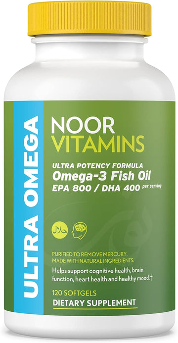 Noor Vitamins Halal Fish Oil, Halal Vitamins, Fish Oil Halal, Ultra Omega 3 Wild Peruvian Fish Oil (800 mg EPA & 400 mg DHA) Heart, Brain & Joint Support, Non-GMO & Gluten Free (120 count)