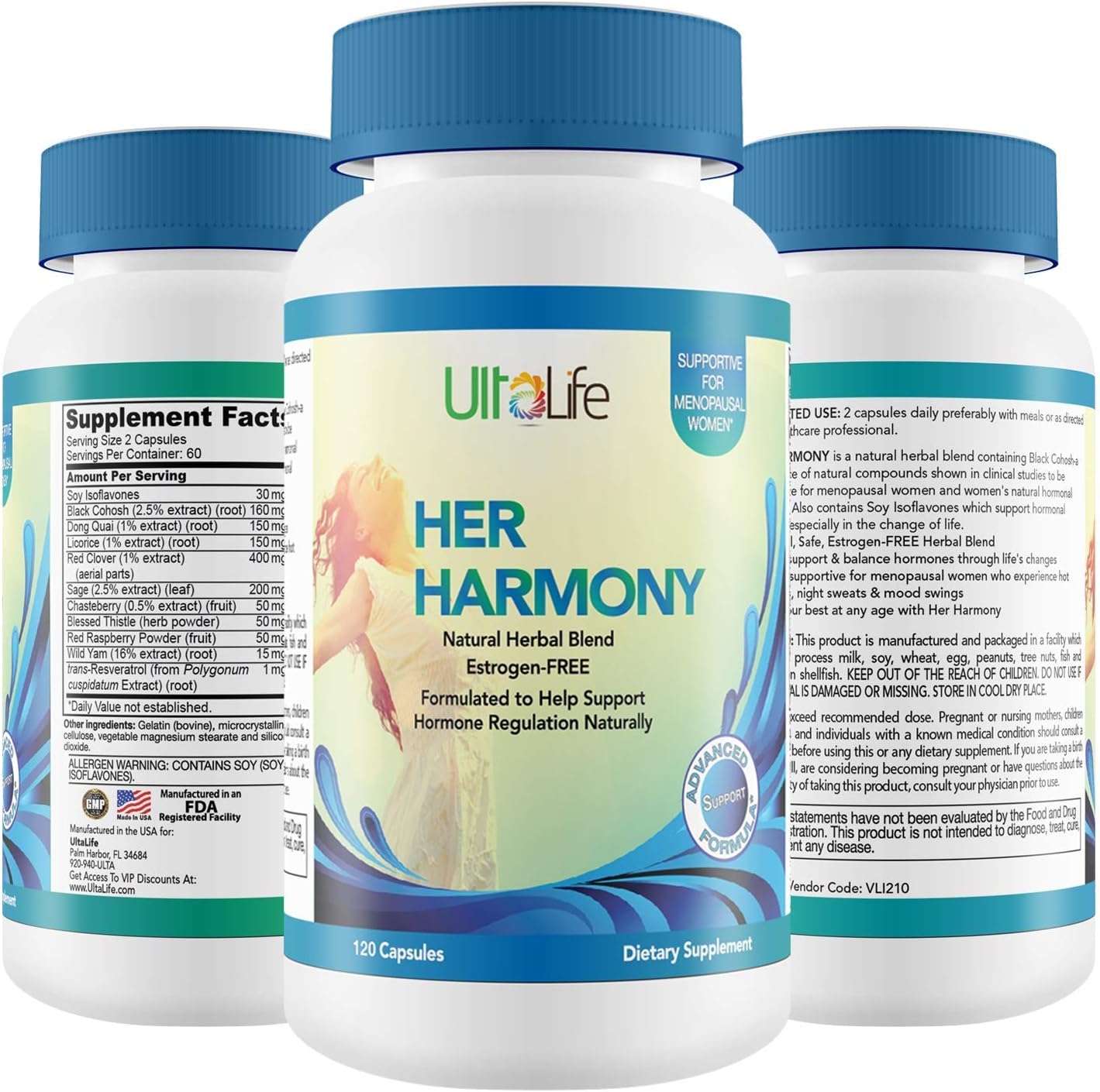 Her Harmony Menopause Supplements For Women - Hot Flashes Menopause Relief & Hormone Balance For Women - Contains Black Cohosh, Dong Quai, Red Clover & More - Estrogen Free - 60 Capsules