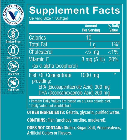 The Vitamin Shoppe Omega 3 Fish Oil 1000MG, EPA 300mg & DHA 200mg, Pur
