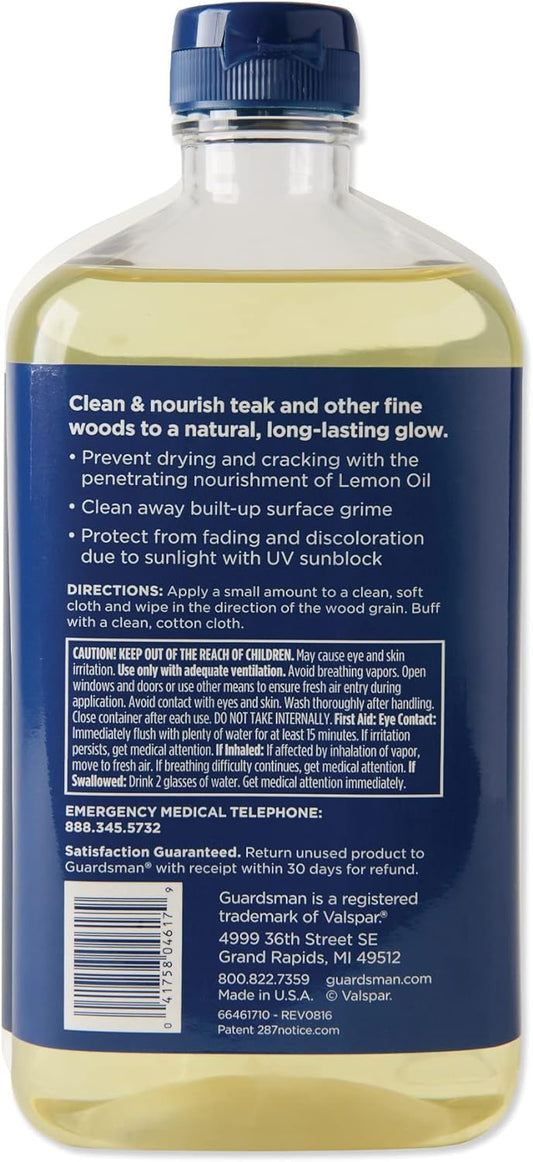 Guardsman Revitalizing Lemon Oil | Teak Oil Protects And Cleans Outdoor And Indoor Wood Furniture, Lemon Scent, 16 Fluid Ounces