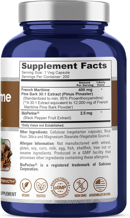 Nusapure French Maritime Pine Bark Extract 12,000 Mg Per Veggie Caps 200-Day Supply, Bioperine (Non-Gmo & Vegan)