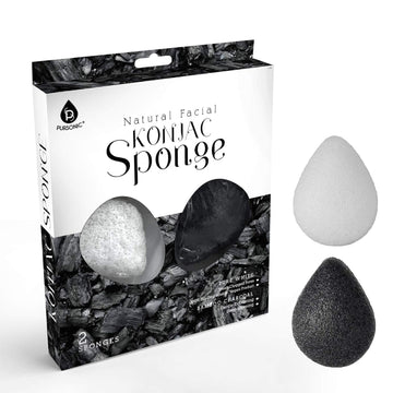 Pursonic Natural Konjac Bamboo Charcoal Facial Sponge For Gentle Face Cleansing And Exfoliation, Helps With Clogged Pores 100% Bio-Degradable,Vegan Products, 2- Pack