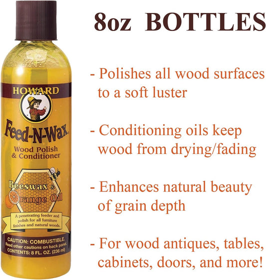 2 Howard Wood Polish And Conditioner + 1 Daley Mint Cloth | Feed-N-Wax Wooden Furniture Polish Kit - Fw0008, 8Oz
