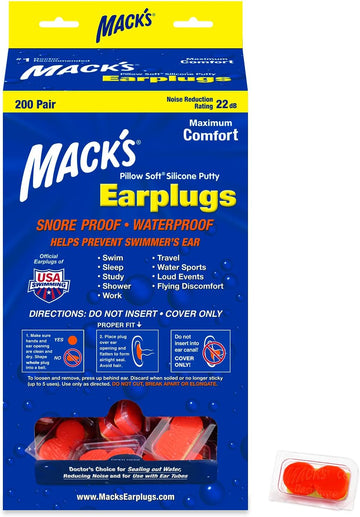 Mack'S Pillow Soft Silicone Earplugs - 200 Pair Dispenser - The Original Moldable Silicone Putty Ear Plugs For Sleeping, Snoring, Swimming, Travel, Concerts And Studying (Orange) | Made In Usa