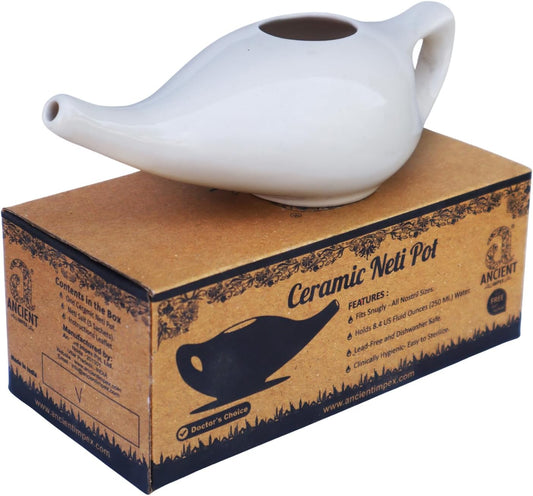 Ceramic Neti Pot 250 Ml Capacity (White) With 5 Sachets Neti Salt, A Natural Remedy For Nasal Irrigation