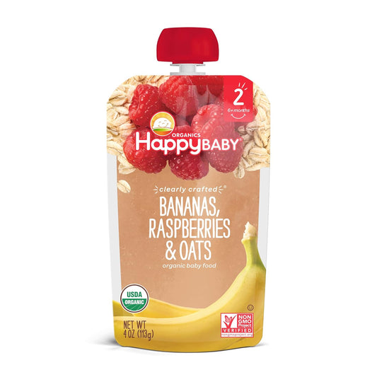 Happy Baby Organics Clearly Crafted Stage 2 Baby Food, Bananas, Raspberries & Oats, 4 Ounce Pouch (Pack Of 16) Packaging May Vary