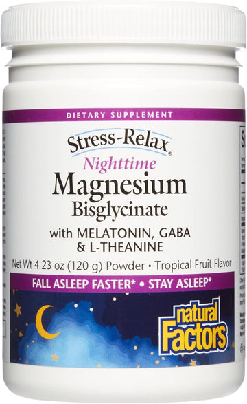 Natural Factors, Stress-Relax Nighttime Magnesium Bisglycinate Powder With Melatonin, L-Theanine And Pharma Gaba, Supports Sleep & Relaxation, 4.2 Powder, Tropical