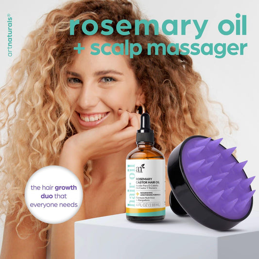 Artnaturals Organic Rosemary Castor Hair Oil + Massager Set - 4 Oz With Coconut & Olive Oil For Dry, Damaged & Split Ends