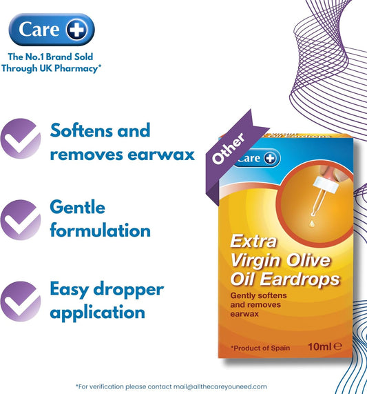 Care Extra Virgin Olive Oil Ear Drops For Ear Wax Removal, Gently Softens & Removes Earwax, Easy Dropper Application, 10Ml