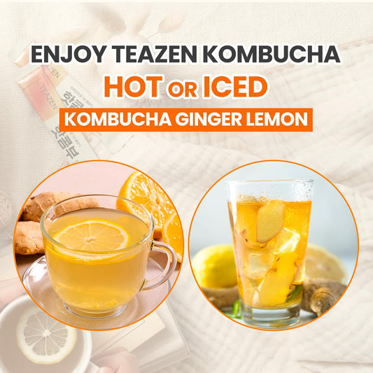 Teazen Lemon Ginger Hot Kombucha Tea, Live Probiotics & Postbiotics, Relaxation And Warmth For Colds And Sore Throat, Hydration Drink Mix, Sugar Free, 30 Sticks, 5.29Oz