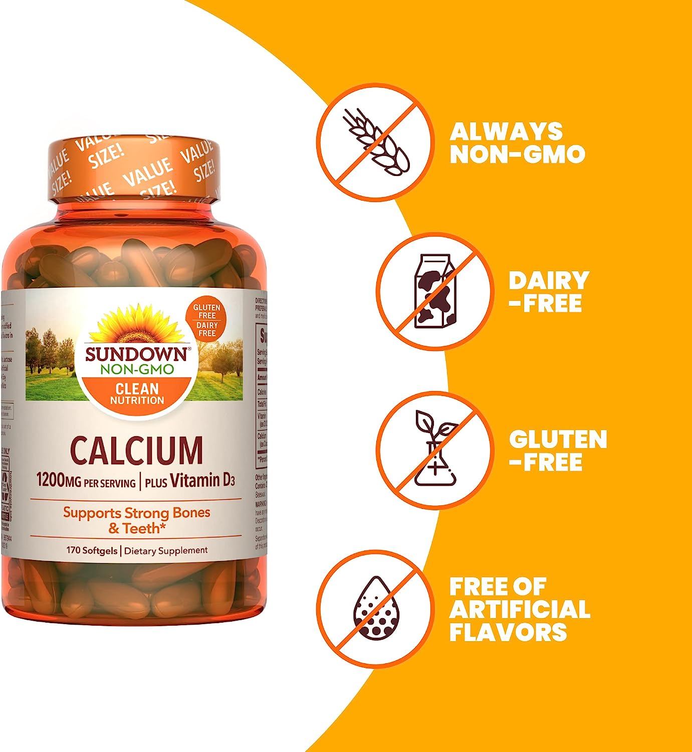 Sundown Calcium 1200 mg Plus Vitamin D3, Supports Bone, Teeth, and Immune Health, 170 Softgels