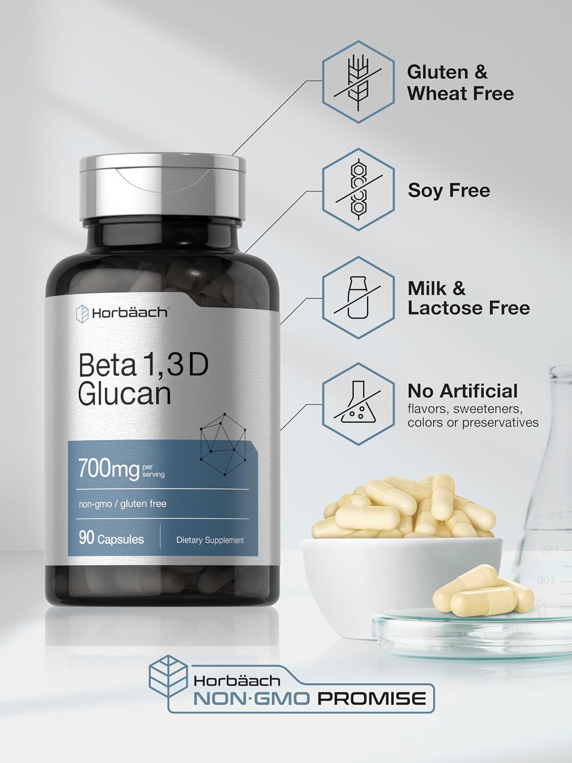 Horbäach Beta Glucan 1 3D 700 Mg | 90 Capsules | Beta 1,3, 1,6 D Glucan | Non-Gmo, Gluten Free Supplement : Health & Household