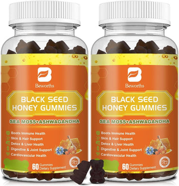 Black Seed Oil Sea Moss Gummies With Ashwagandha, Burdock Root, Linden Honey, Elderberry, Turmeric, Vitamin C, D3 & Zinc - Supports Immunity, Joints, Digestion, Hair & Skin, Vegan Gummies 60 Counts